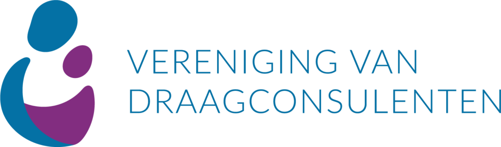 Logo vereniging van draagconsulenten. Een ouder die het kindje vast houd in paars en blauw kleuren